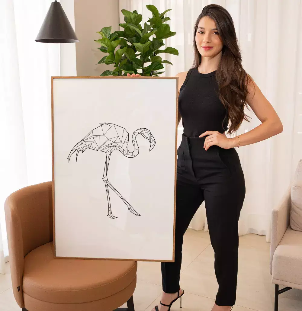 Quadro Decorativo Flamingo Geométrico Desenho Minimalista