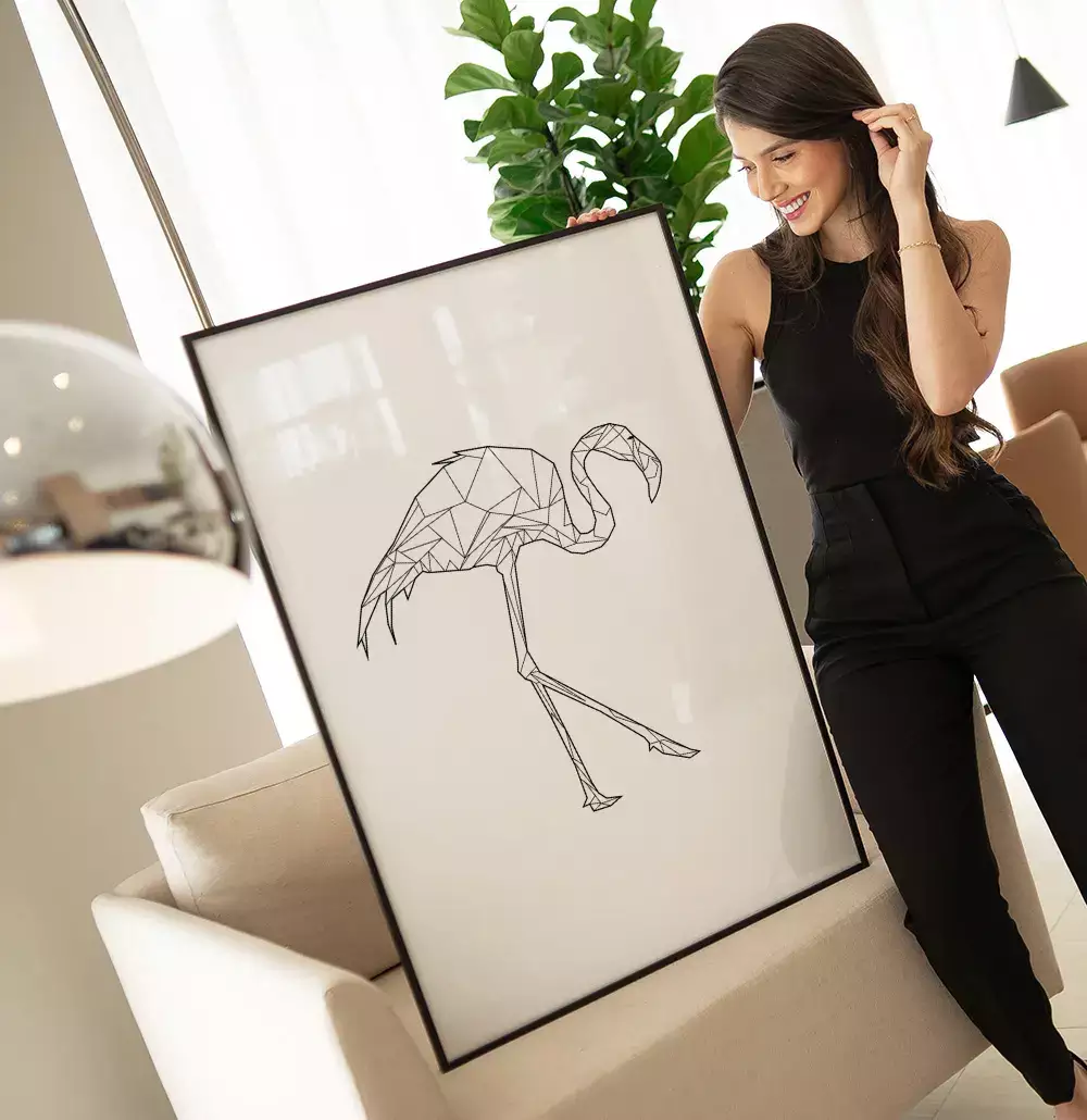 Quadro Decorativo Flamingo Geométrico Desenho Minimalista