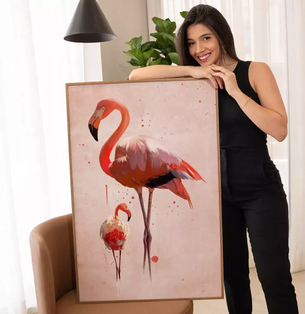 Quadro Decorativo Dois Flamingos com Textura de Tinta