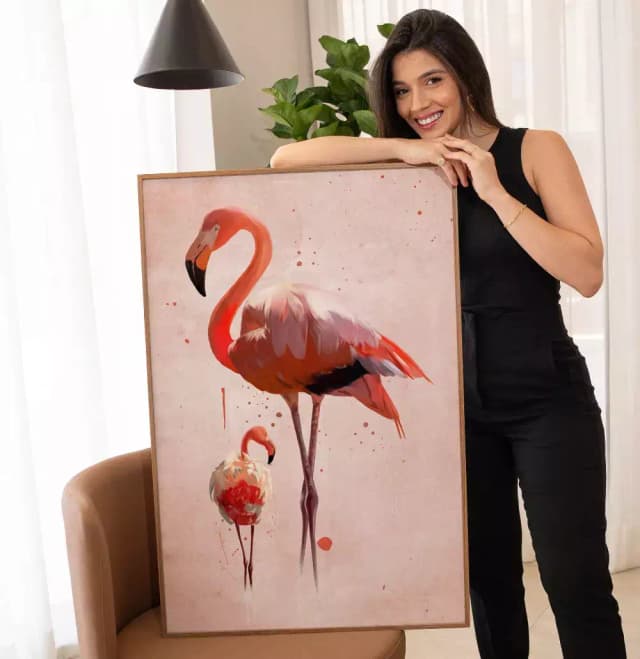 Quadro Decorativo Dois Flamingos com Textura de Tinta