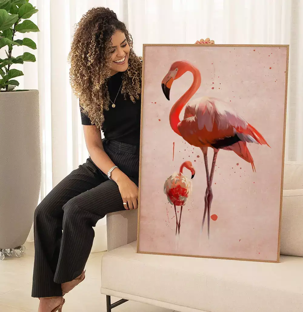 Quadro Decorativo Dois Flamingos com Textura de Tinta