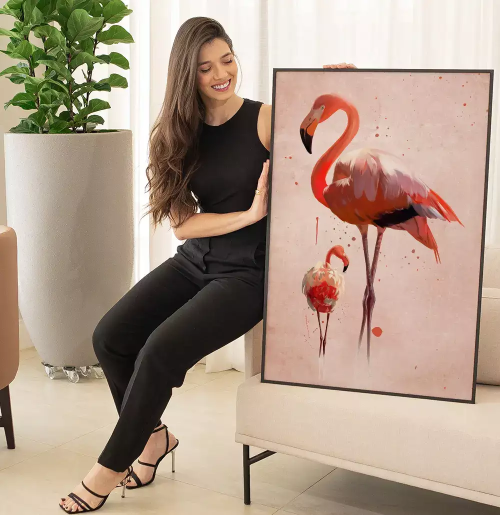Quadro Decorativo Dois Flamingos com Textura de Tinta