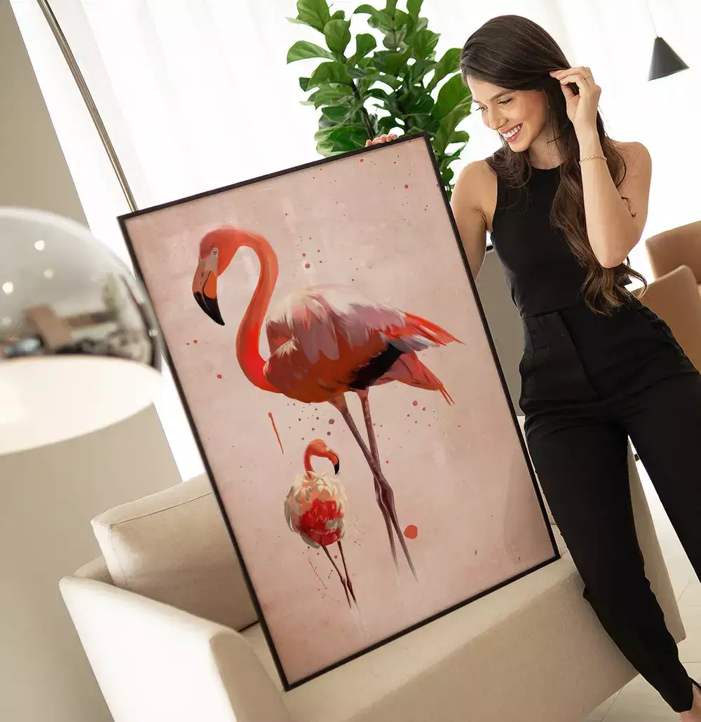 Quadro Decorativo Dois Flamingos com Textura de Tinta