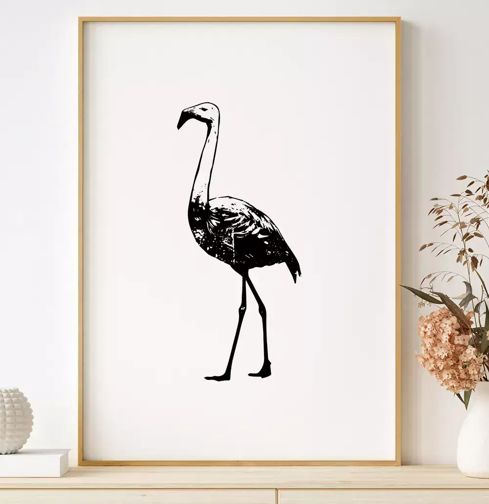 Quadro Decorativo Flamingo Desenho Preto e Branco Minimalista