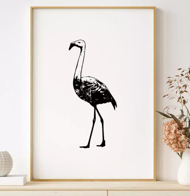 Quadro Decorativo Flamingo Desenho Preto e Branco Minimalista