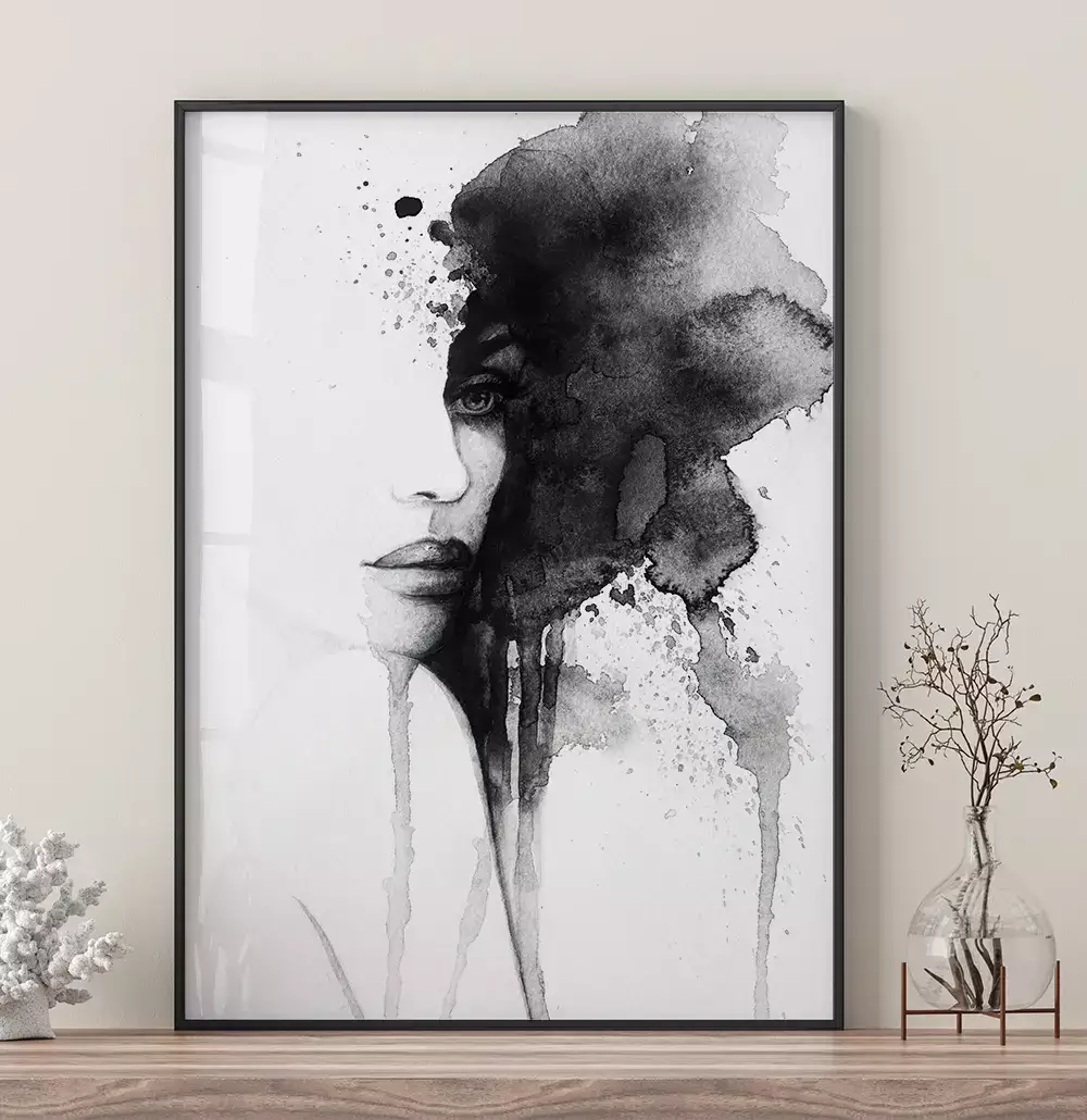 Quadro Decorativo Rosto Abstrato em Aquarela Preto e Branco