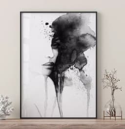 Quadro Decorativo Rosto Abstrato em Aquarela Preto e Branco