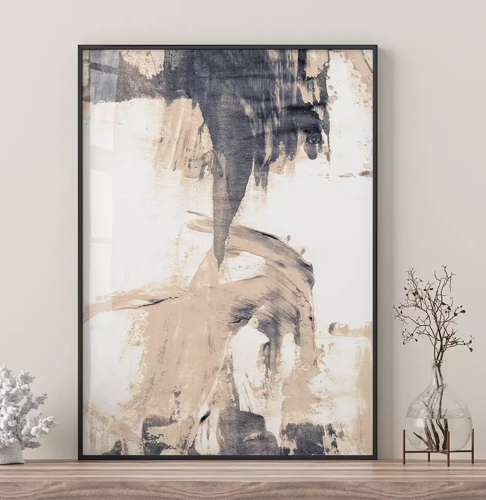 Quadro Decorativo Pinceladas Abstratas Tons de Nude com Cinza