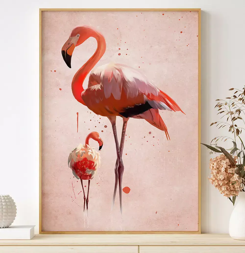 Quadro Decorativo Dois Flamingos com Textura de Tinta
