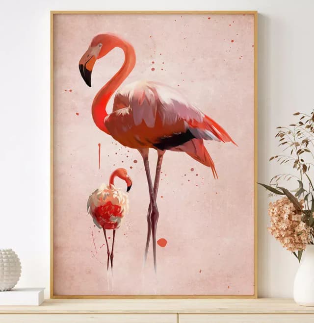 Quadro Decorativo Dois Flamingos com Textura de Tinta