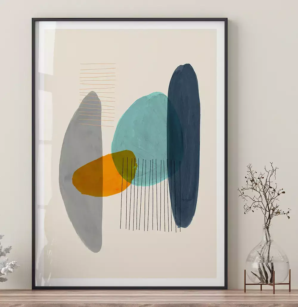 Quadro Decorativo Formas Orgânicas Laranja com Azul e Cinza