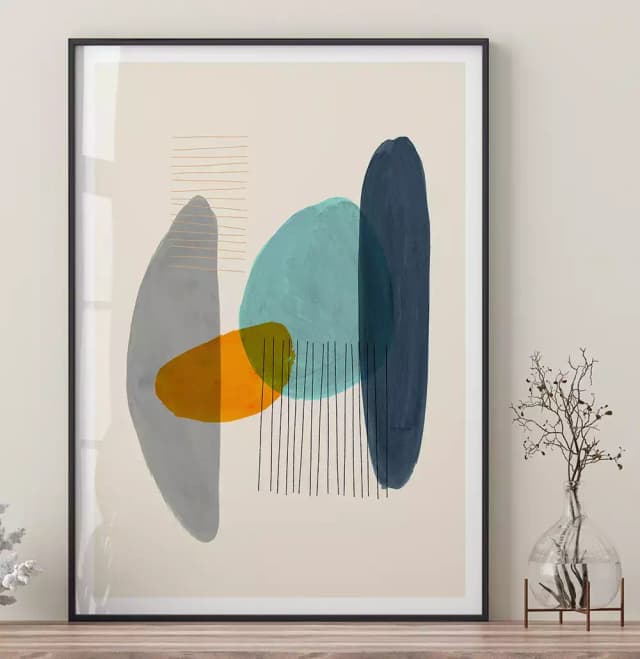 Quadro Decorativo Formas Orgânicas Laranja com Azul e Cinza