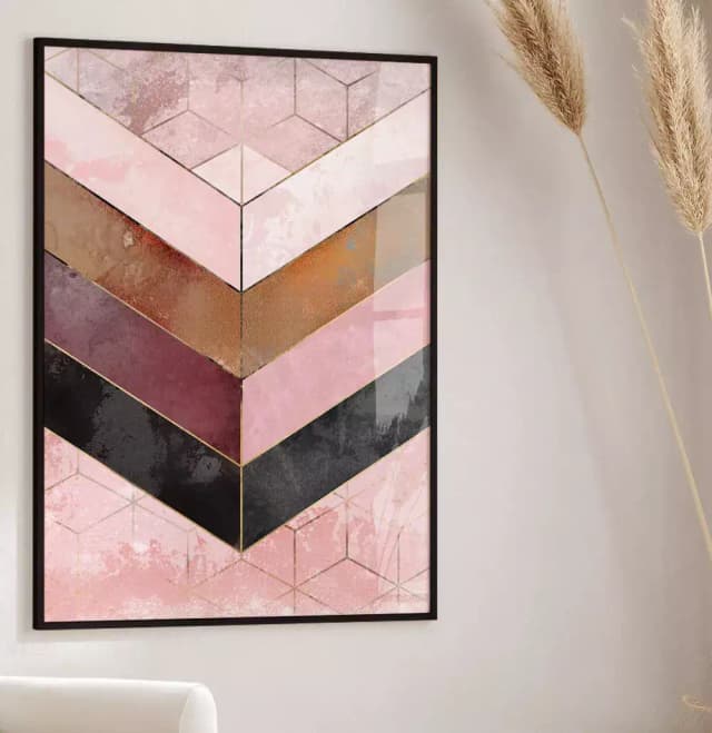 Quadro Decorativo Chevron Rosé com Textura e Linhas Douradas