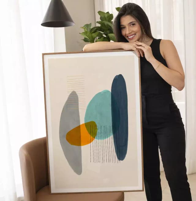 Quadro Decorativo Formas Orgânicas Laranja com Azul e Cinza