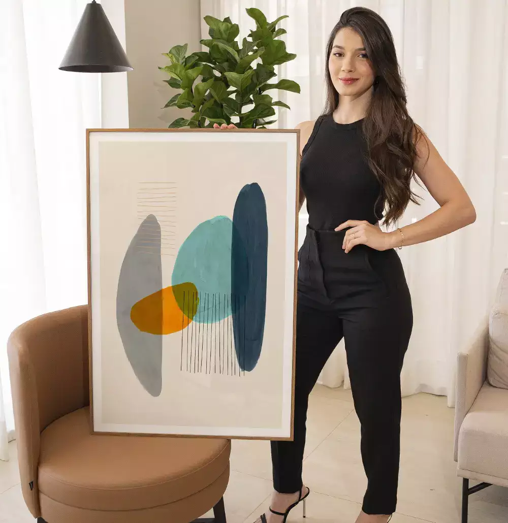 Quadro Decorativo Formas Orgânicas Laranja com Azul e Cinza