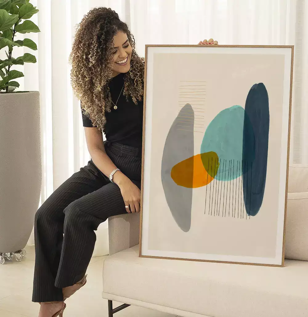 Quadro Decorativo Formas Orgânicas Laranja com Azul e Cinza