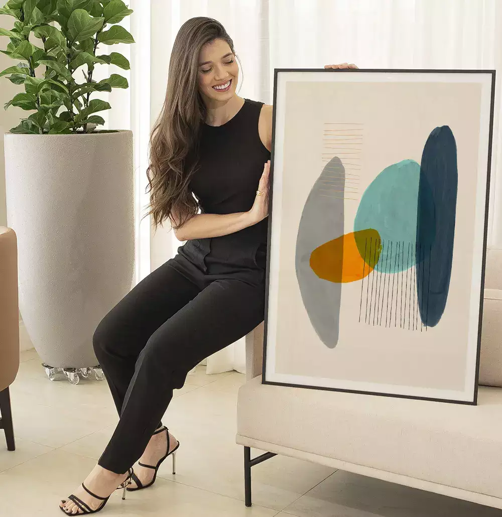 Quadro Decorativo Formas Orgânicas Laranja com Azul e Cinza