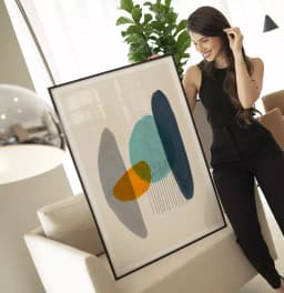 Quadro Decorativo Formas Orgânicas Laranja com Azul e Cinza