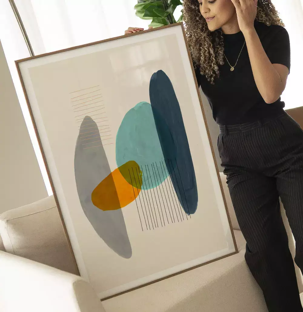 Quadro Decorativo Formas Orgânicas Laranja com Azul e Cinza