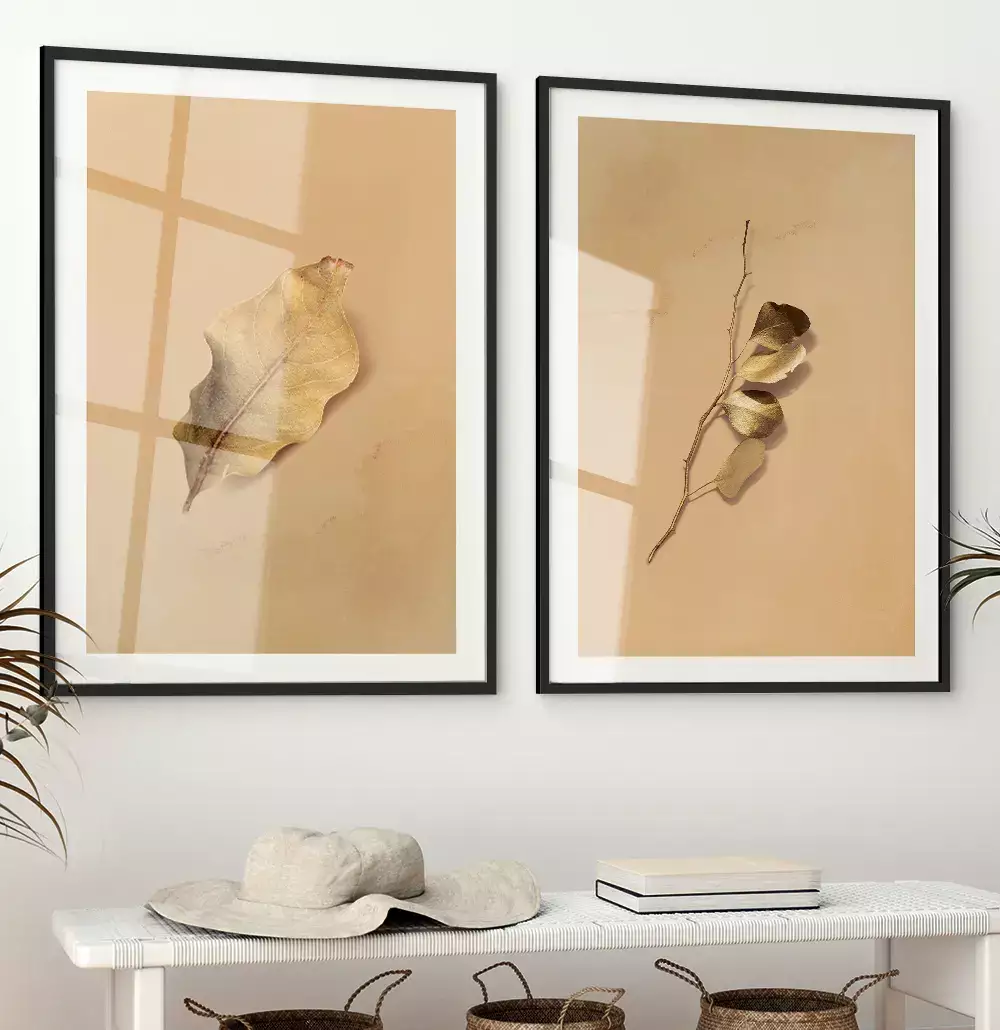 Kit Quadro Decorativo Folhas Douradas com Fundo Textura