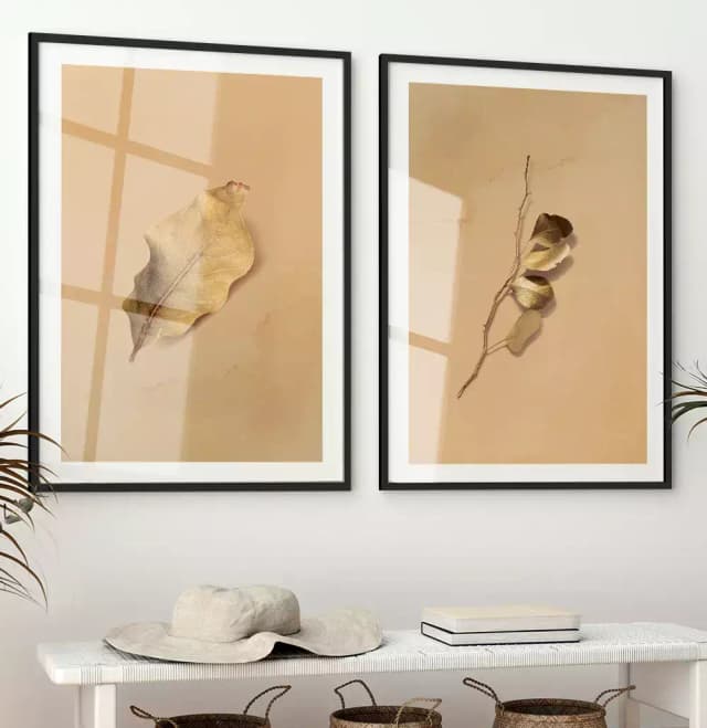 Kit Quadro Decorativo Folhas Douradas com Fundo Textura