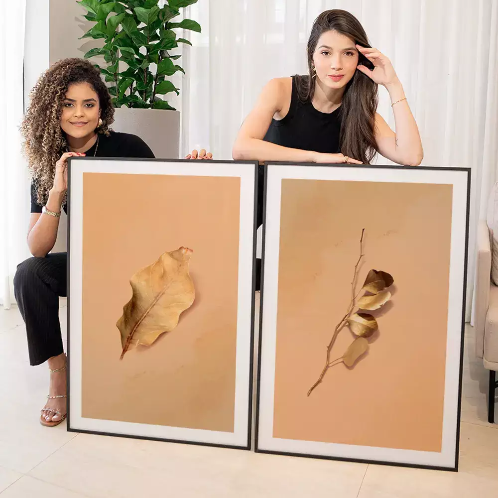 Kit Quadro Decorativo Folhas Douradas com Fundo Textura