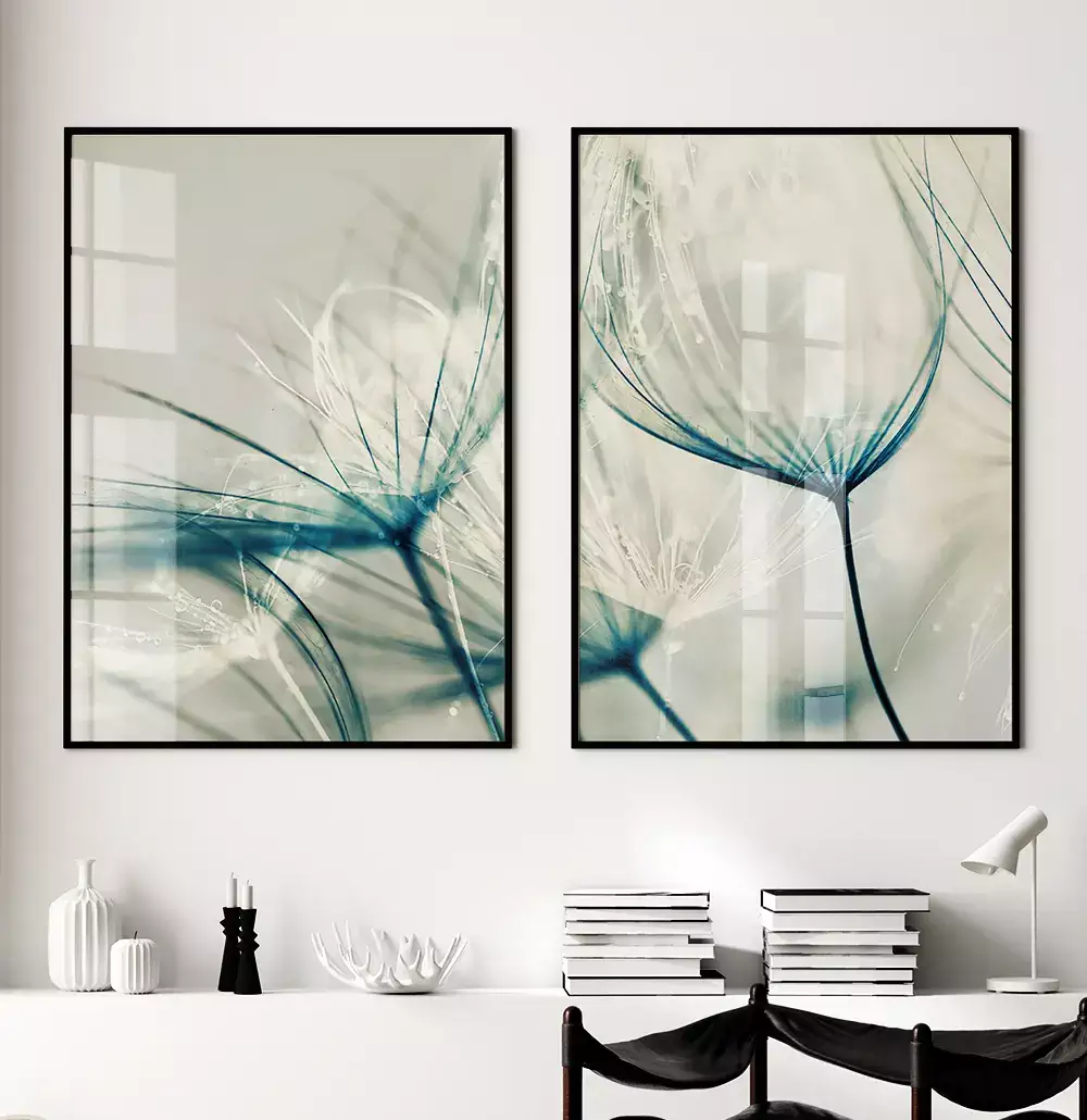 Kit Quadro Decorativo Dente de Leão Tons Azuis com Branco