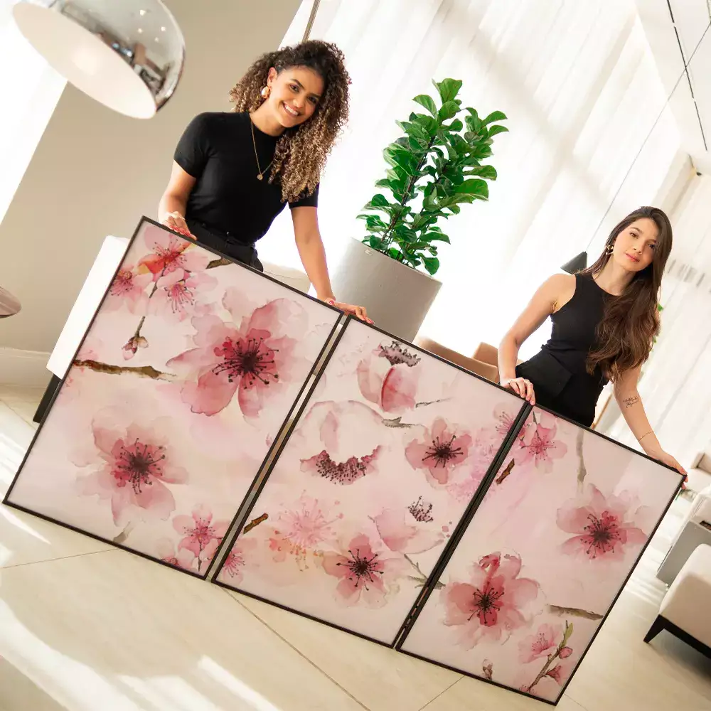 Kit Quadro Decorativo Floral Aquarela em Tons Rosé e Vermelho