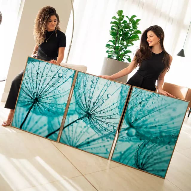 Kit Quadro Decorativo Dente de Leão Azul com Gotas de Orvalho