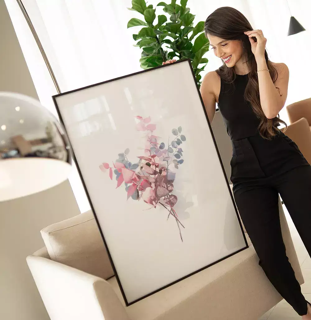 Quadro Decorativo Buquê de Folhas Pintura Aquarela Minimalista