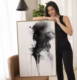 Quadro Decorativo Rosto Abstrato em Aquarela Preto e Branco