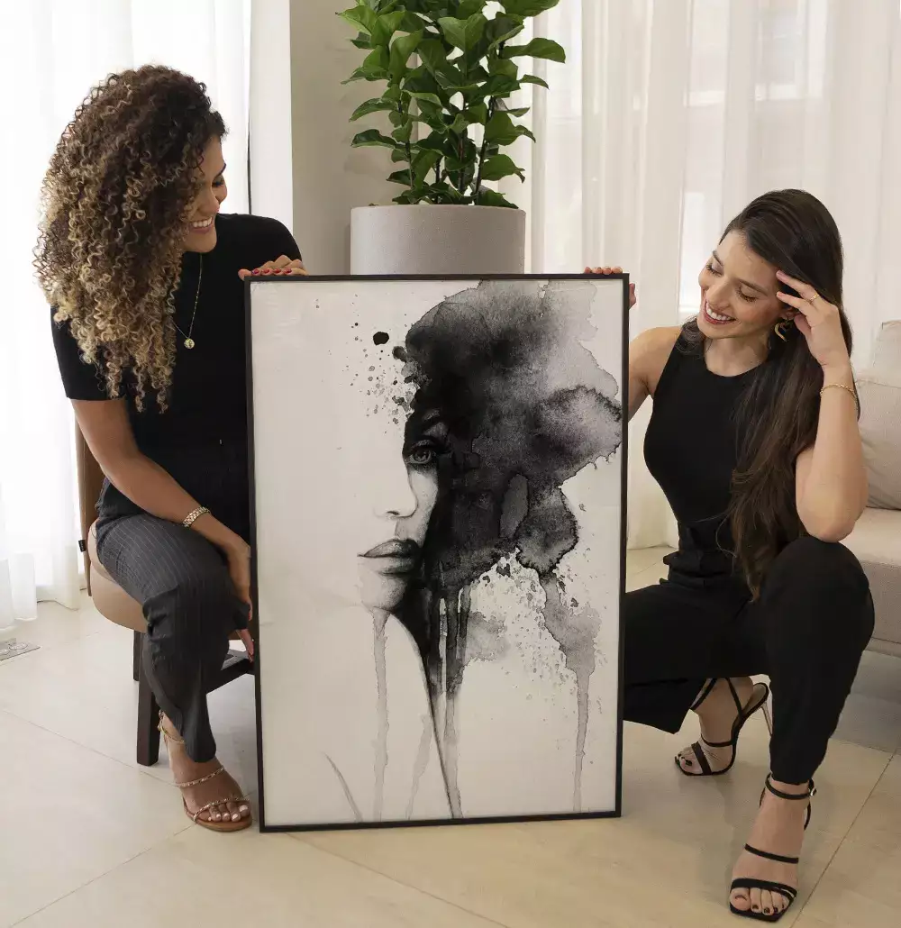 Quadro Decorativo Rosto Abstrato em Aquarela Preto e Branco