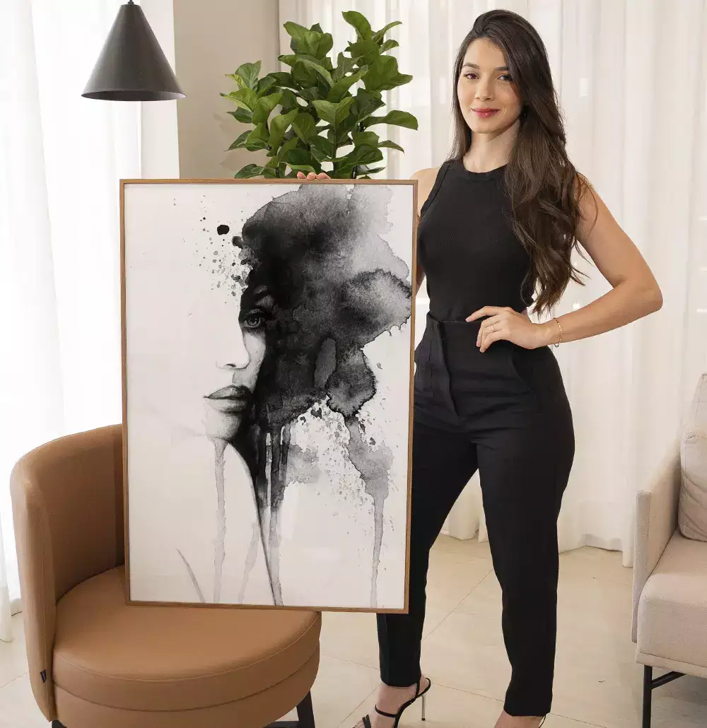 Quadro Decorativo Rosto Abstrato em Aquarela Preto e Branco