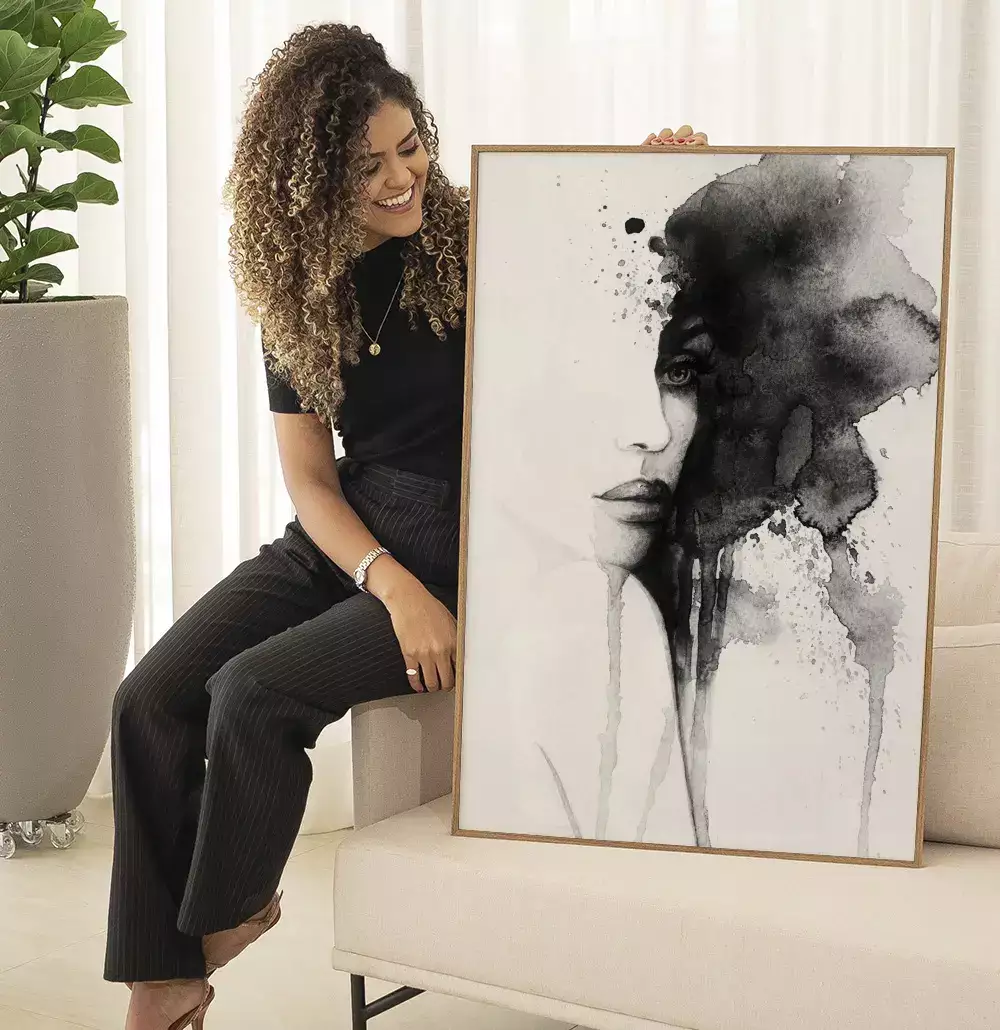 Quadro Decorativo Rosto Abstrato em Aquarela Preto e Branco