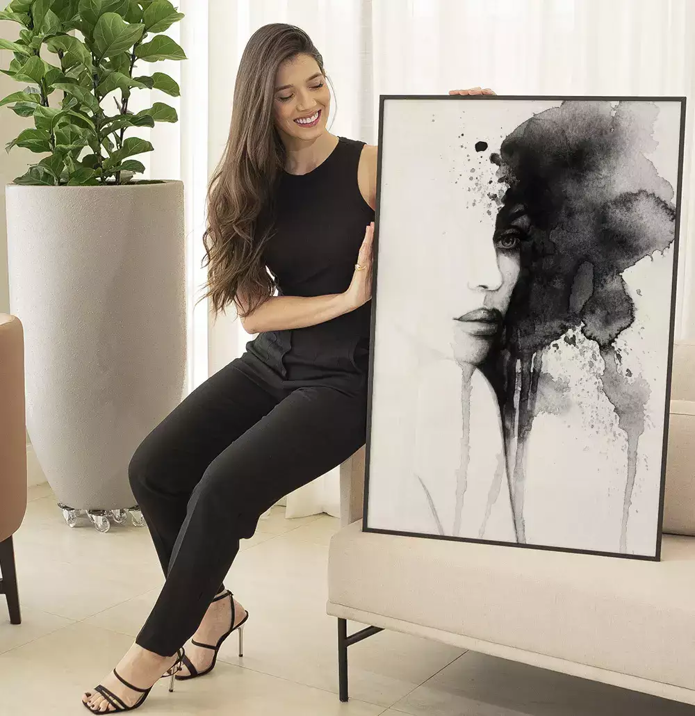 Quadro Decorativo Rosto Abstrato em Aquarela Preto e Branco
