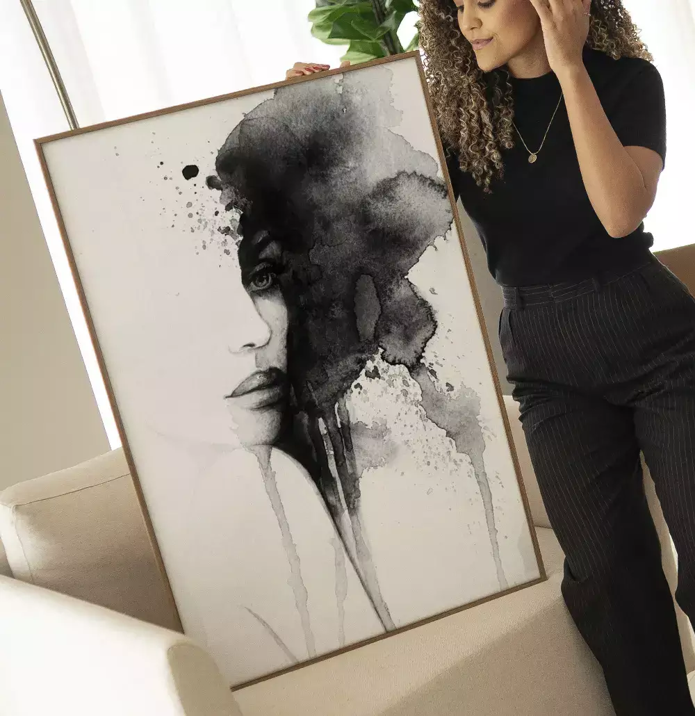 Quadro Decorativo Rosto Abstrato em Aquarela Preto e Branco