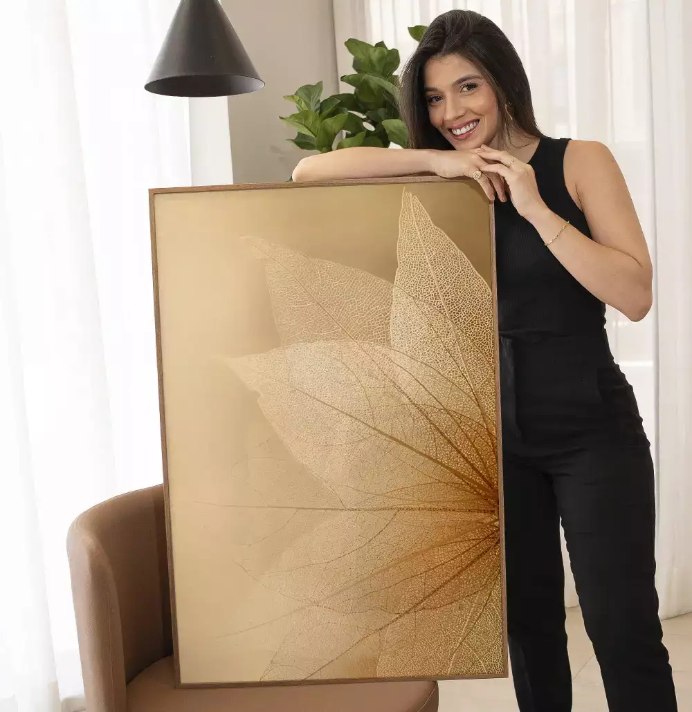 Quadro Decorativo Folhas Transparentes em Tons Dourados