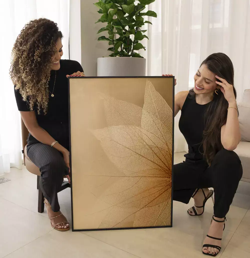 Quadro Decorativo Folhas Transparentes em Tons Dourados