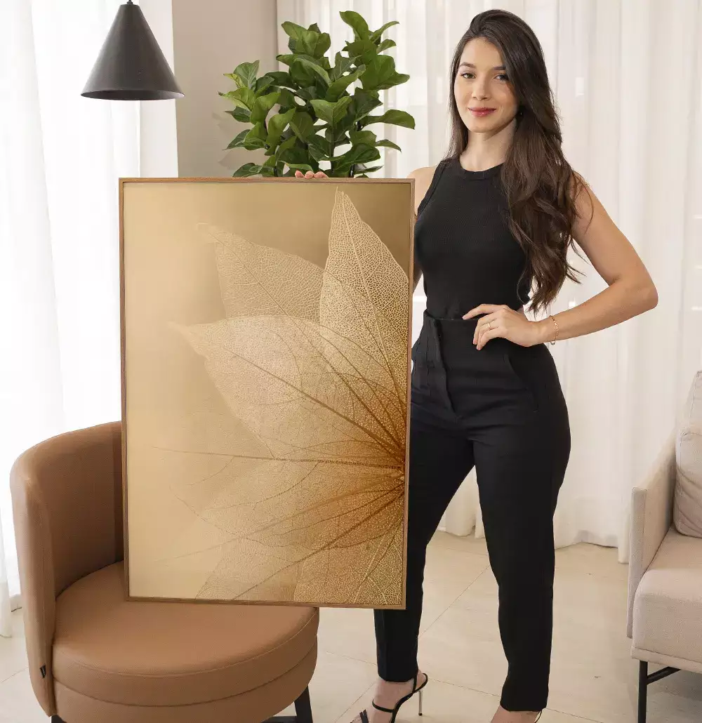 Quadro Decorativo Folhas Transparentes em Tons Dourados