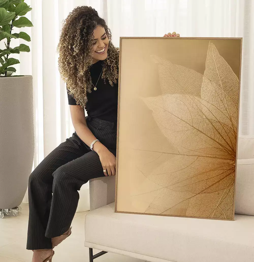 Quadro Decorativo Folhas Transparentes em Tons Dourados