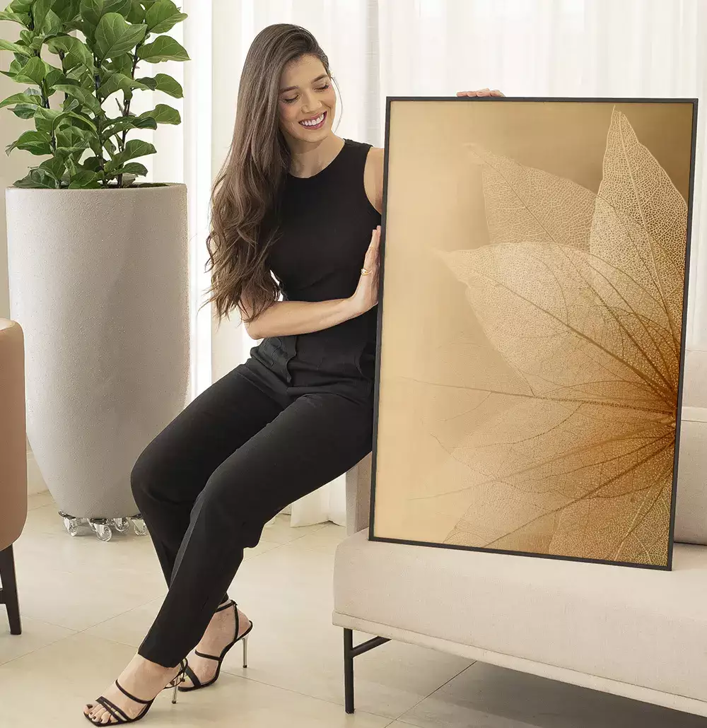 Quadro Decorativo Folhas Transparentes em Tons Dourados