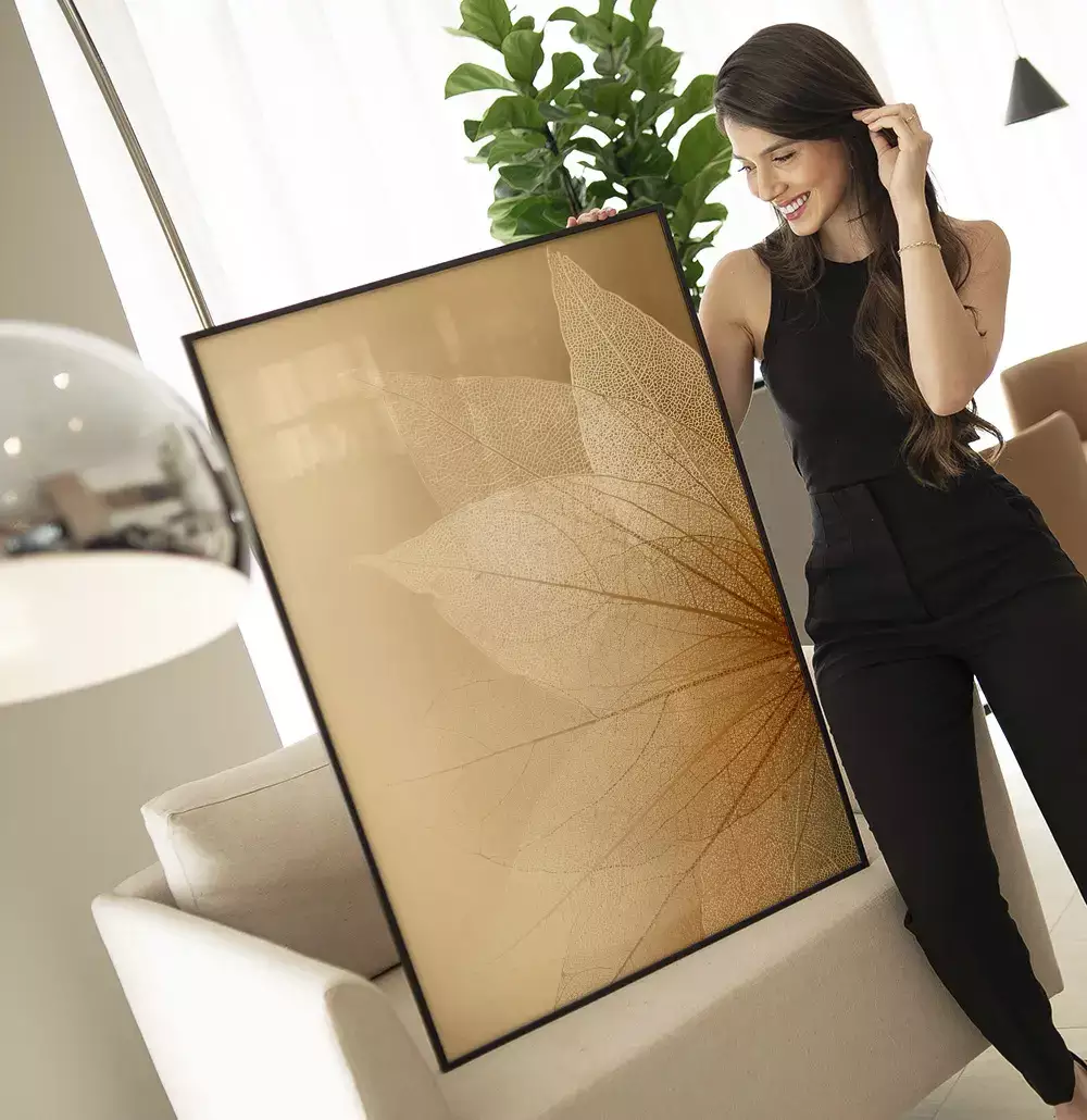 Quadro Decorativo Folhas Transparentes em Tons Dourados