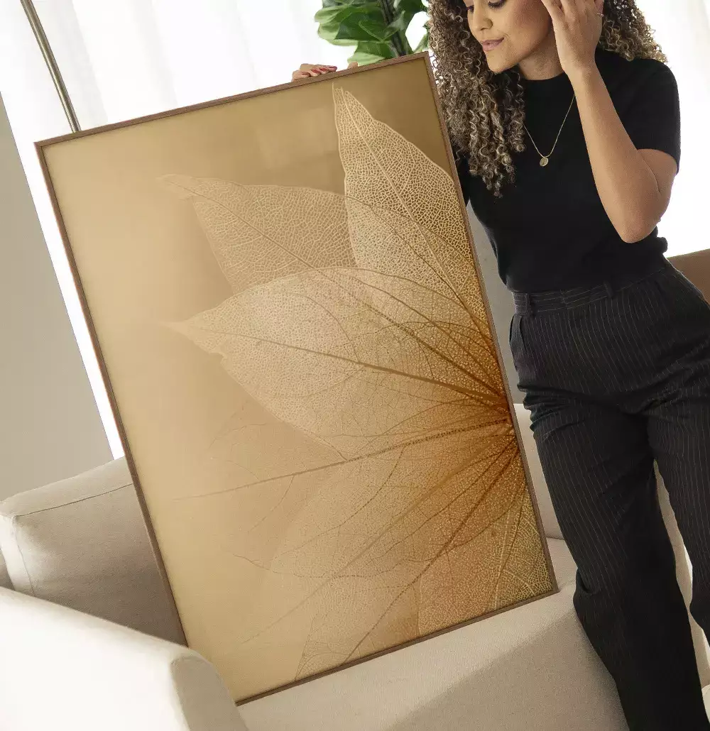 Quadro Decorativo Folhas Transparentes em Tons Dourados