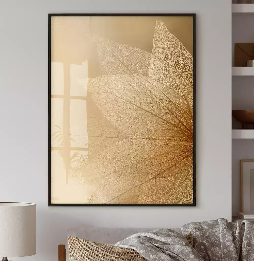 Quadro Decorativo Folhas Transparentes em Tons Dourados