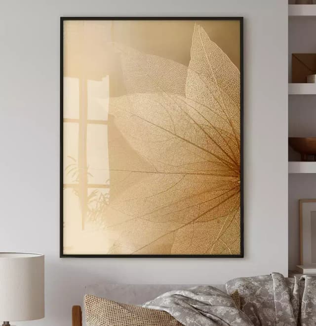 Quadro Decorativo Folhas Transparentes em Tons Dourados