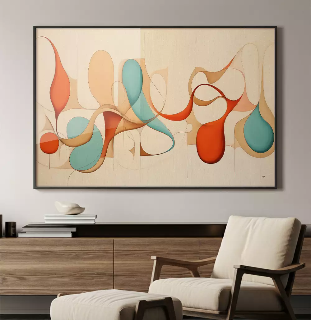 Quadro Decorativo Coleção Abstratos Curvas Linhas e Cores Azul com Terra e Bege