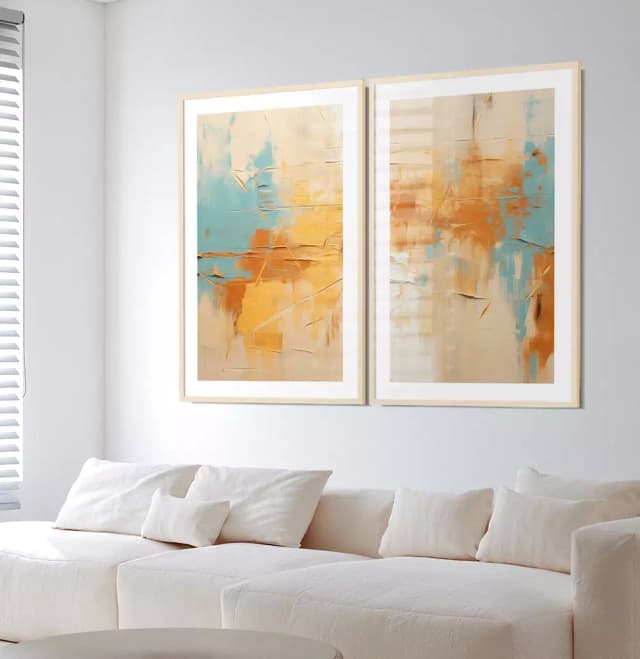 Kit Quadro Decorativo Pintura Abstrata Azul Amarelo e Bege Espatuladas de Tinta