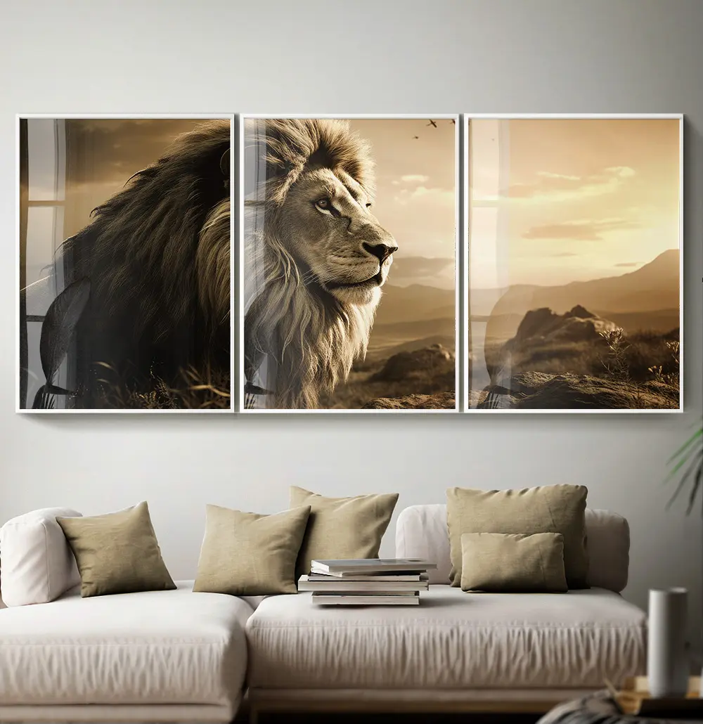 Kit Quadro Decorativo Trio Quadros Retangulares Leão Pôr do Sol Sépia
