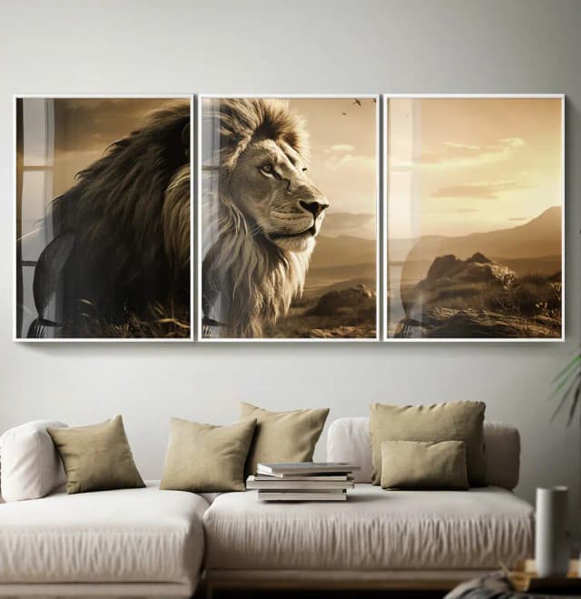 Kit Quadro Decorativo Trio Quadros Retangulares Leão Pôr do Sol Sépia