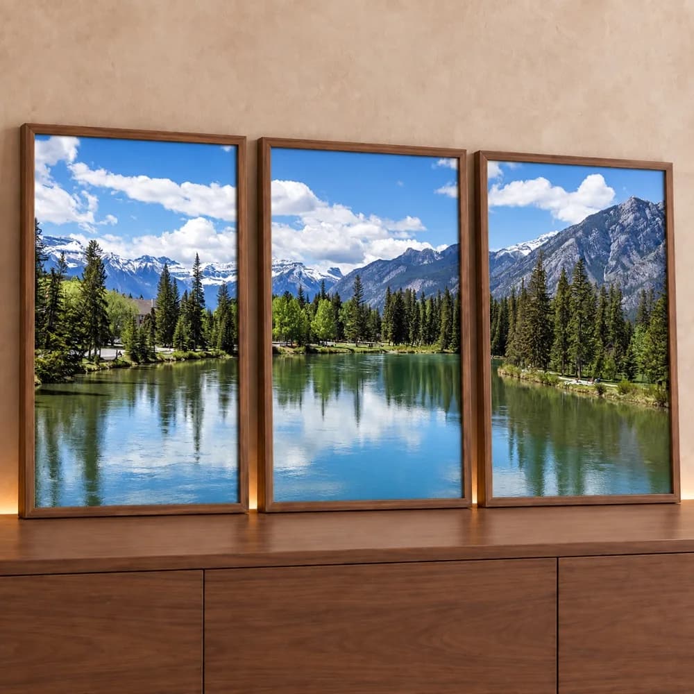 Kit 3 Quadros Decorativos Lago e Montanha